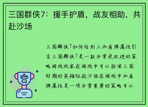 三国群侠7：援手护盾，战友相助，共赴沙场